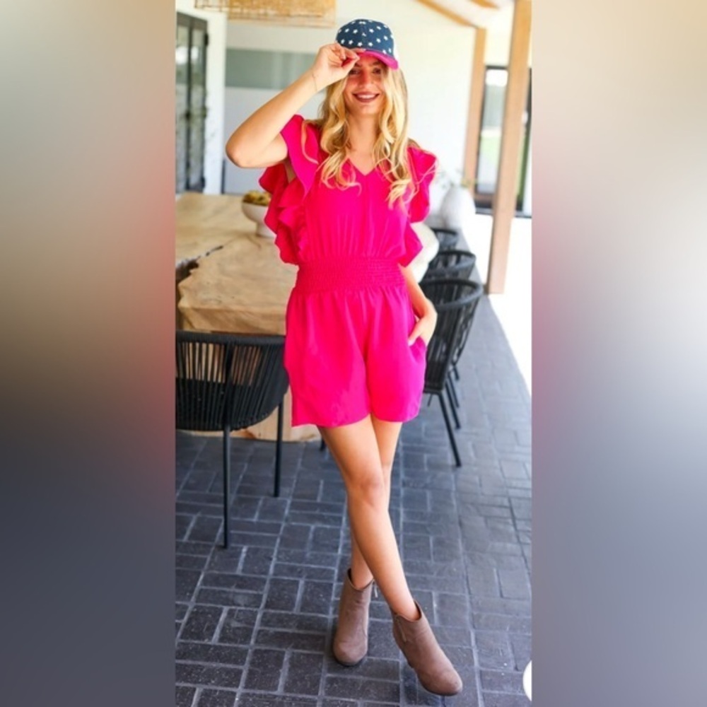 NEW…Smocked Waist V-Neck Flutter Sleeve Romper
